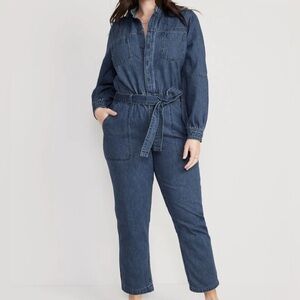 Collarless Jean Utility Jumpsuit